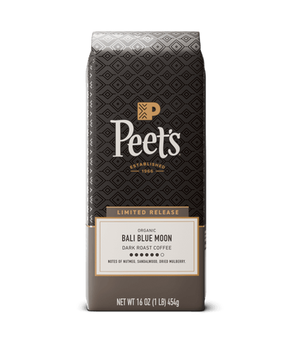 Peet's Coffee bag with 'Bali Blue Moon' label on a black background