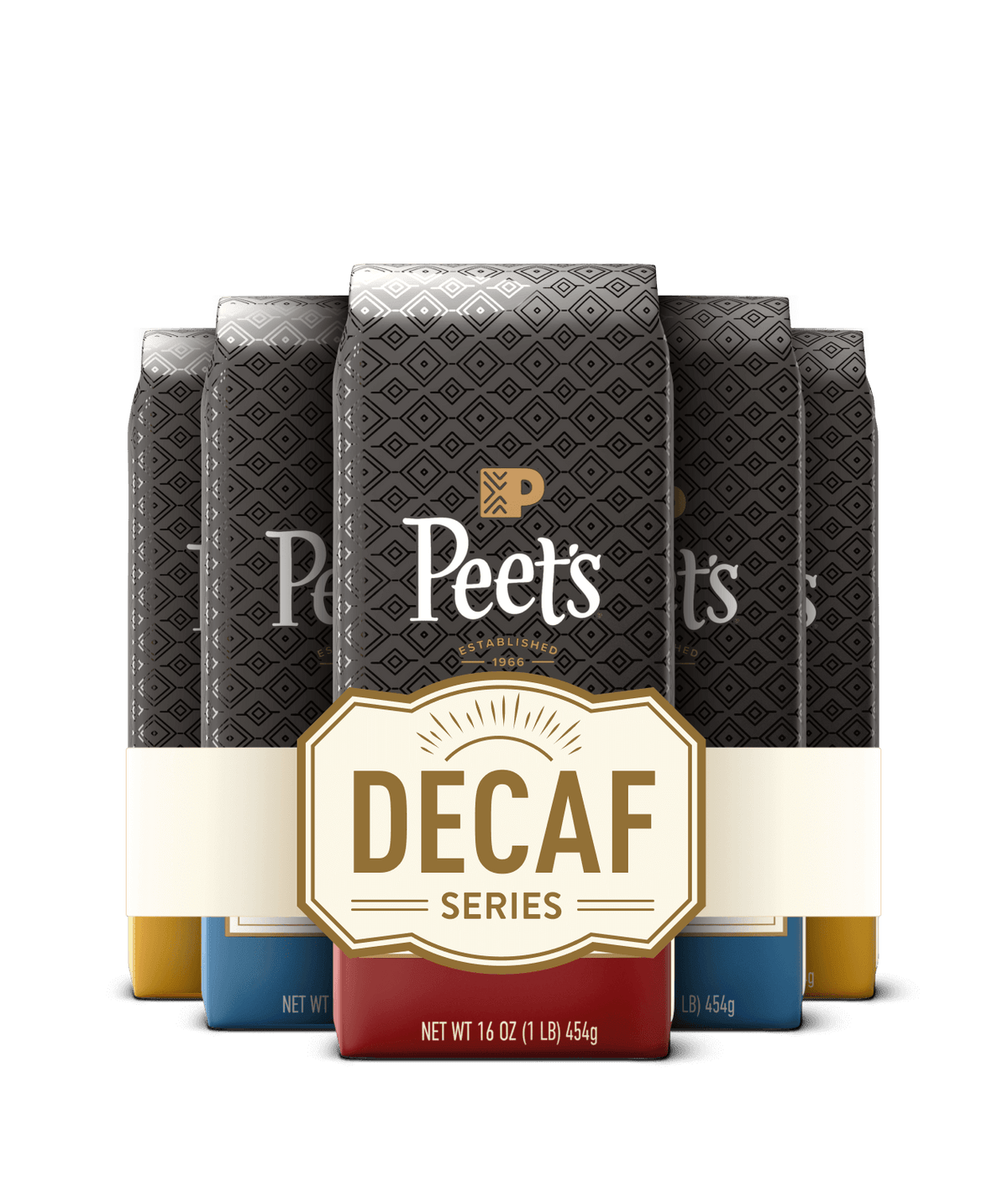 Peet's Decaf coffee packages with a black background