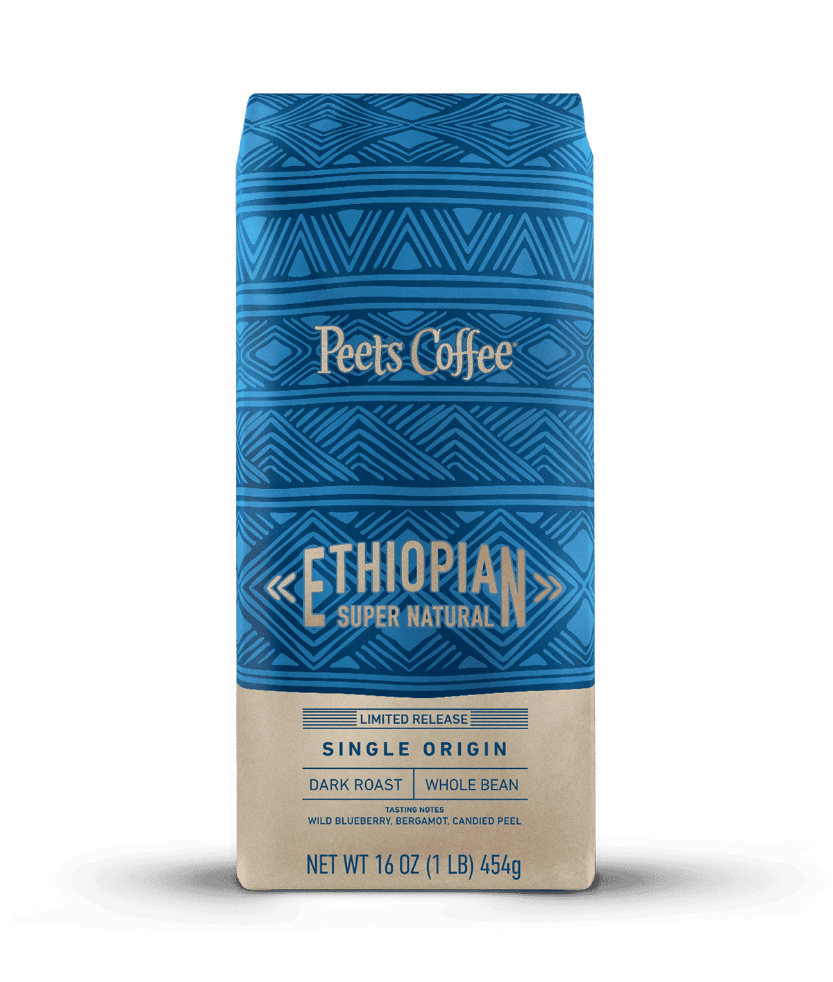 Peet's Coffee Ethiopian Super Natural Dark Roast Coffee beans in a blue and tan 16 ounce bag