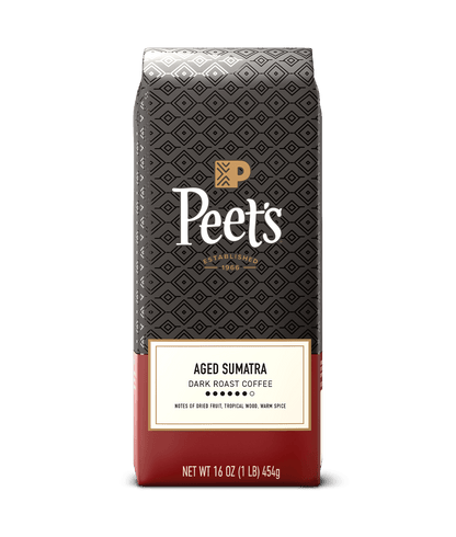 Peet's Aged Sumatra coffee bag on a traansparent background