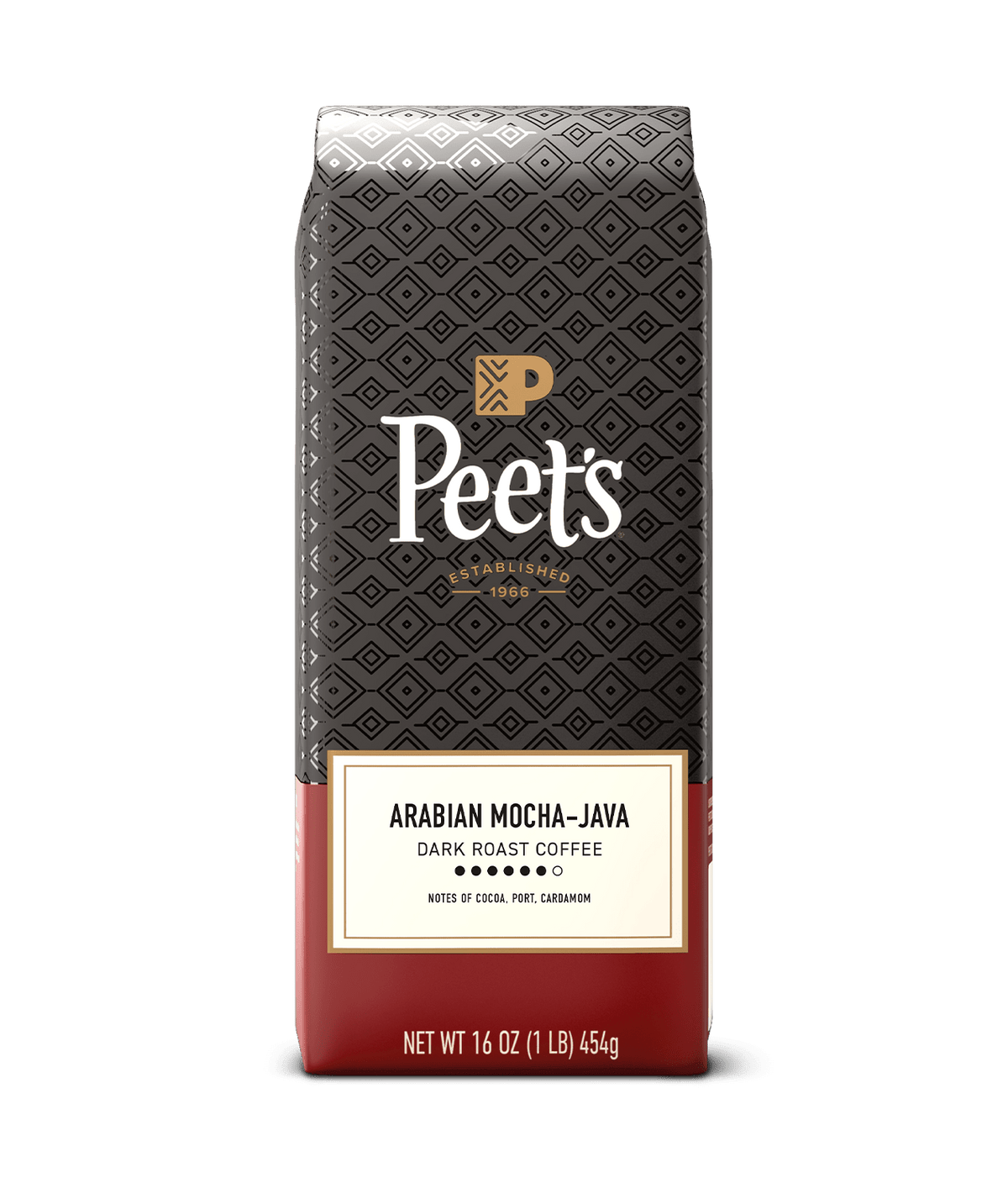 Peet's coffee bag with a geometric pattern on a green background