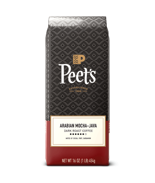 Peet's coffee bag with a geometric pattern on a green background