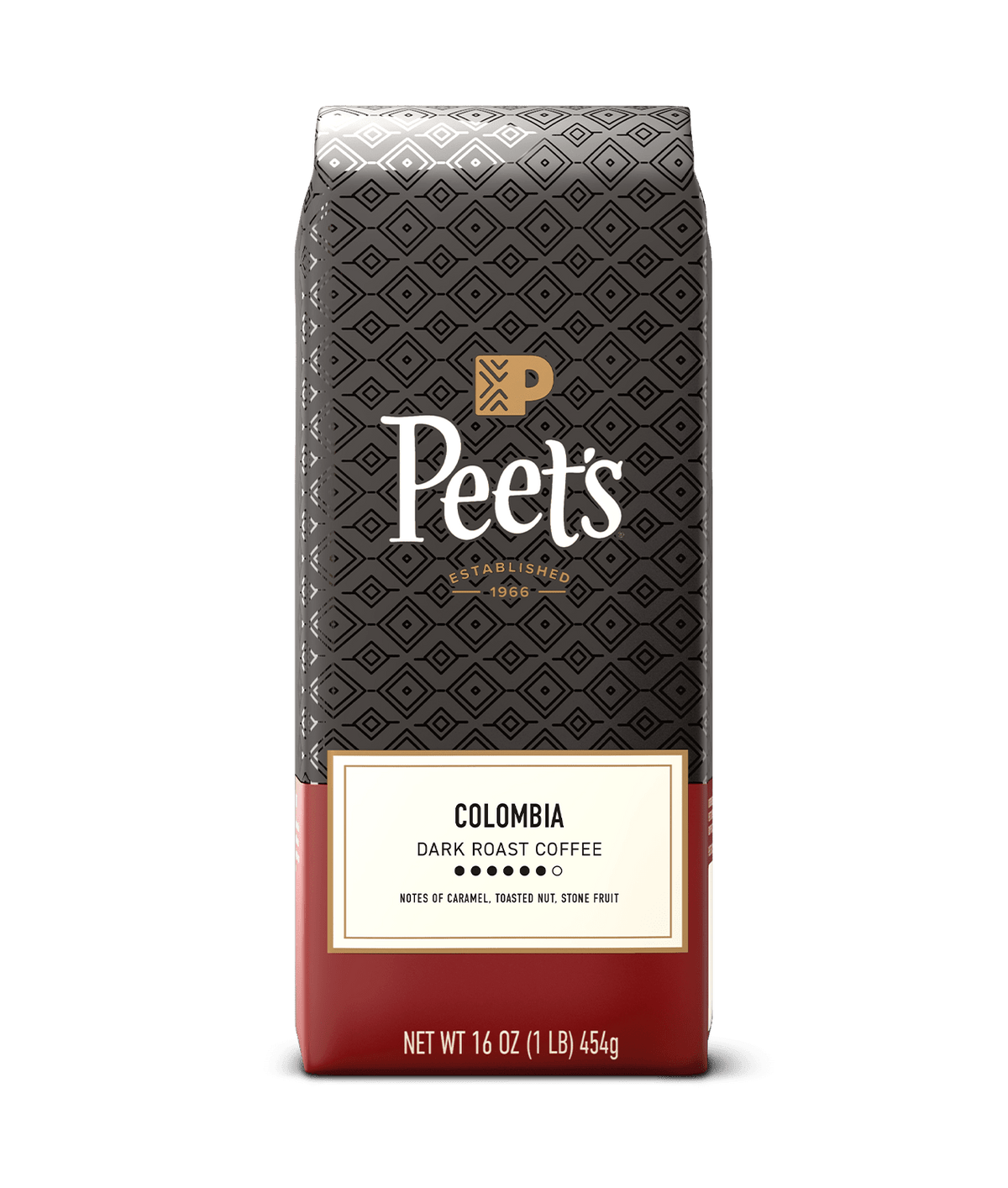 Peet's coffee bag with a geometric pattern on a green background