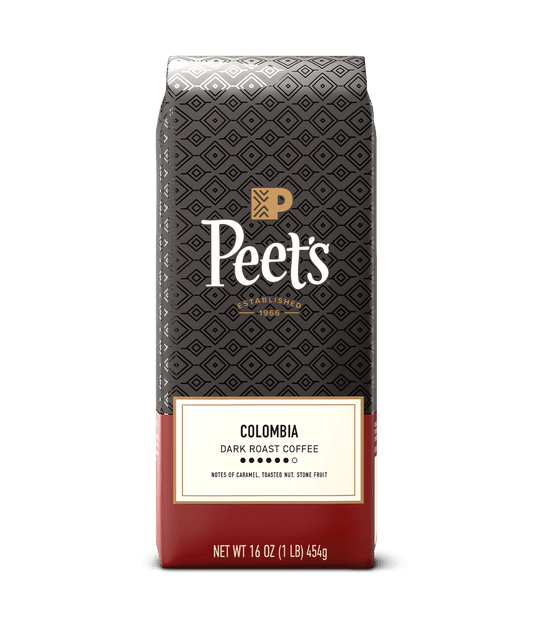 Peet's coffee bag with a geometric pattern on a green background