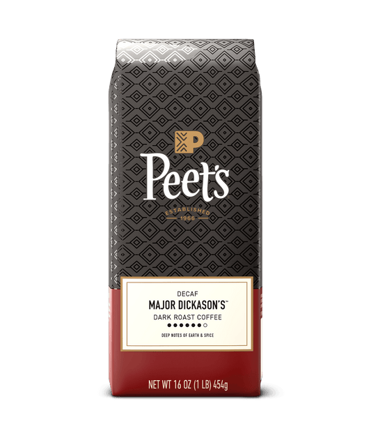 Peet's coffee Major Dickason's™ bag with a geometric pattern on a green background