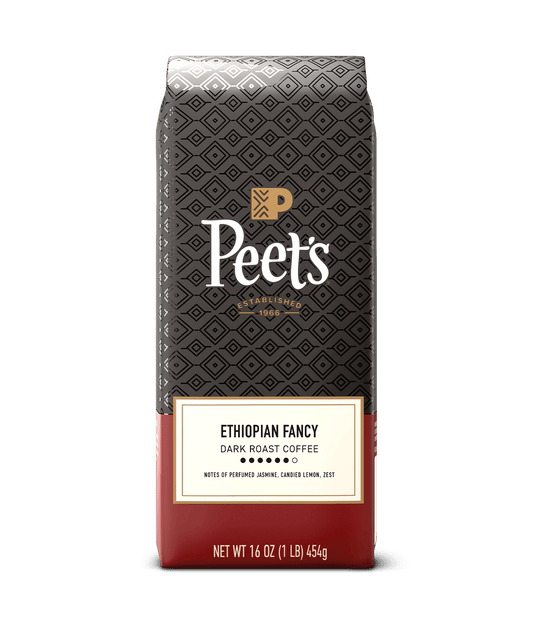 Peet's Ethiopian Fancy Coffee bag with black and red design on a transparent background