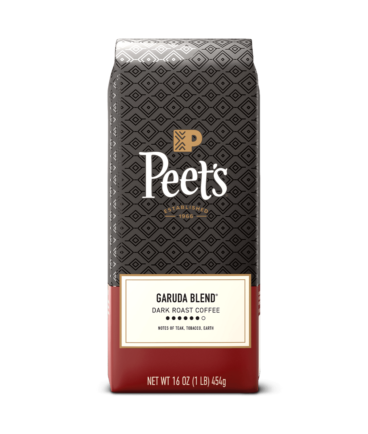 Peet's Garuda Blend coffee bag on a green background