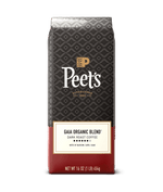 Peet's Coffee gaia organic blend bag with a black and red design on a green background