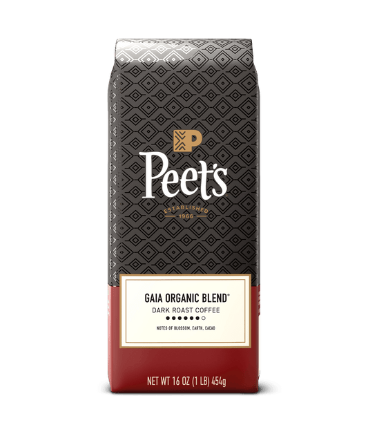 Peet's Coffee gaia organic blend bag with a black and red design on a green background