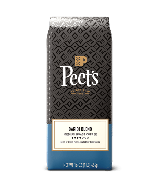 Peet's coffee Baridi blend bag with black and blue design on a transparent background