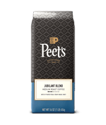 Peet's coffee Jubilant blend coffee bag with black and blue design on a green background