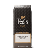 Peet's coffee bag with 'Costa Rica Los Santos' label on a white background