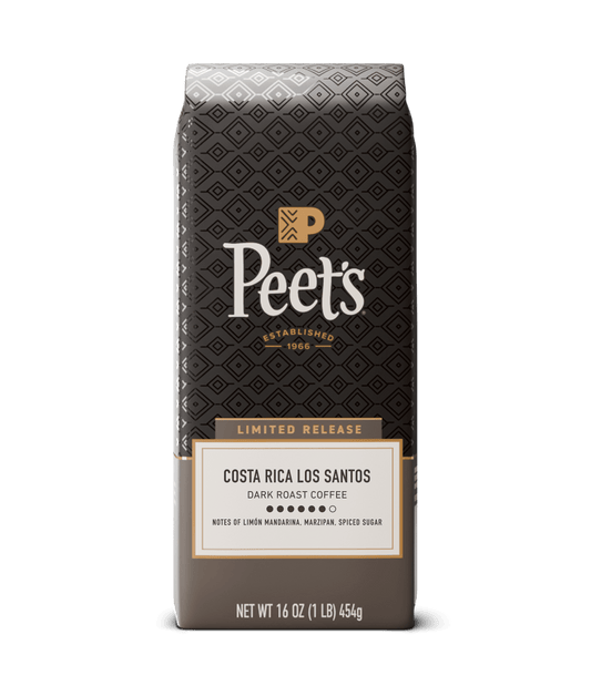 Peet's coffee bag with 'Costa Rica Los Santos' label on a white background