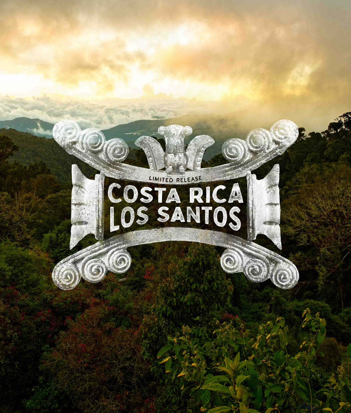 Decorative sign with 'Costa Rica Los Santos' text against a mountainous landscape.