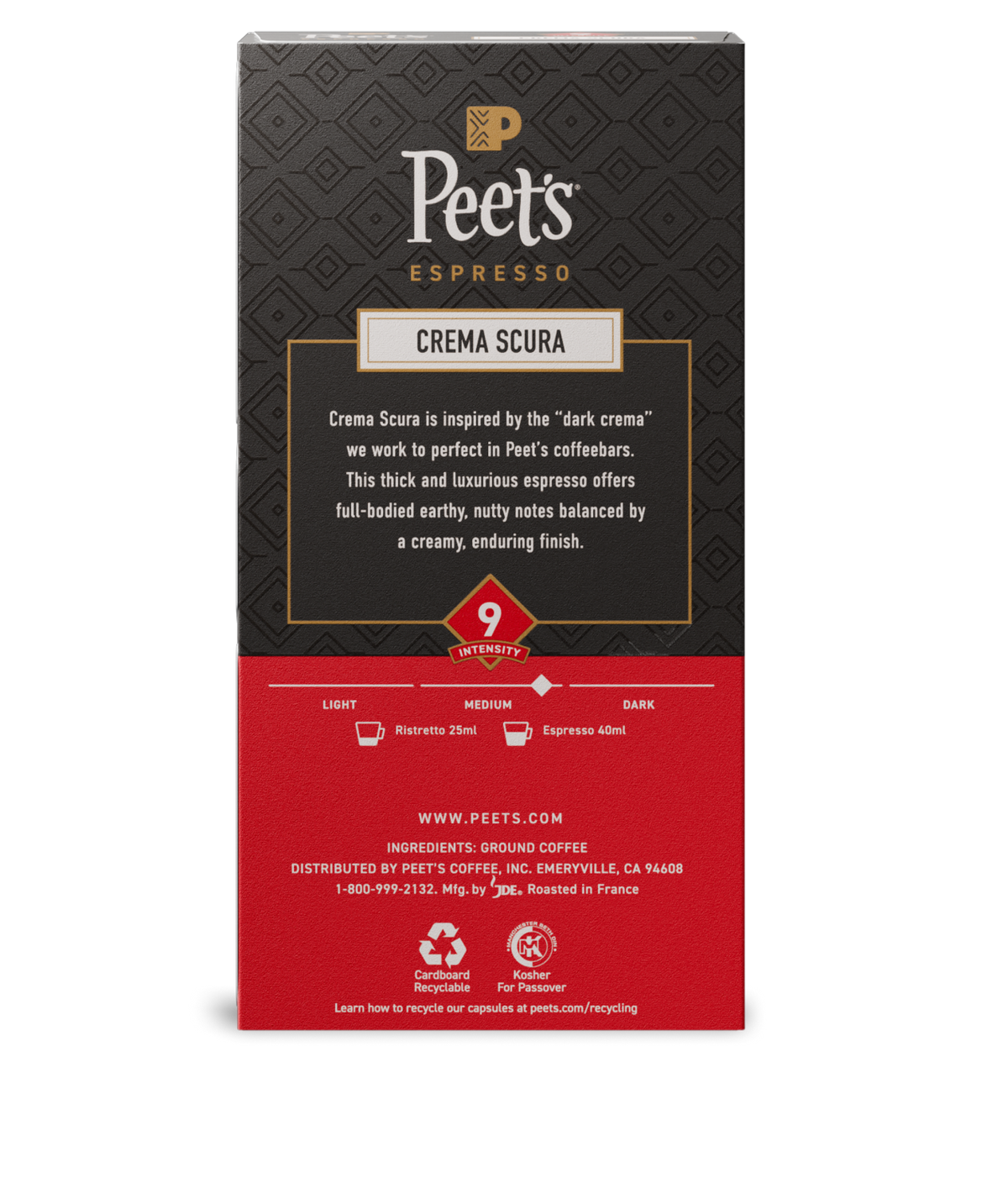 Peet's Espresso Crema Scura coffee package on a white background - back