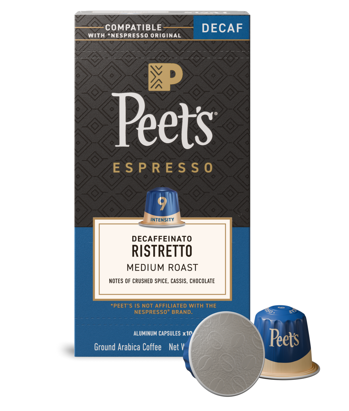Peet's Espresso Decaf capsule packaging with a single capsule on a white background