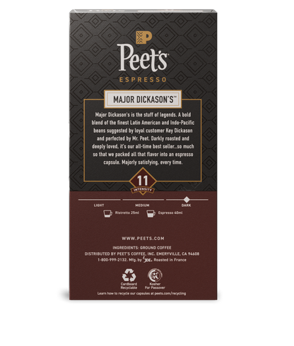 Peet's Espresso Major Dickason's coffee capsule packaging on a white background