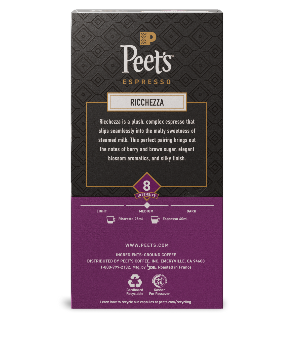 Peet's Espresso Ricchezza coffee package on a white background - back
