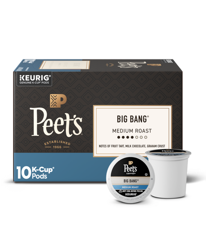 Peet's Big Bang K-Cup pods packaging with two pods on a white background