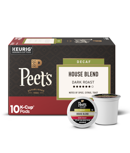 Box of Peet's K-Cup coffee pods with a single pod on a white background