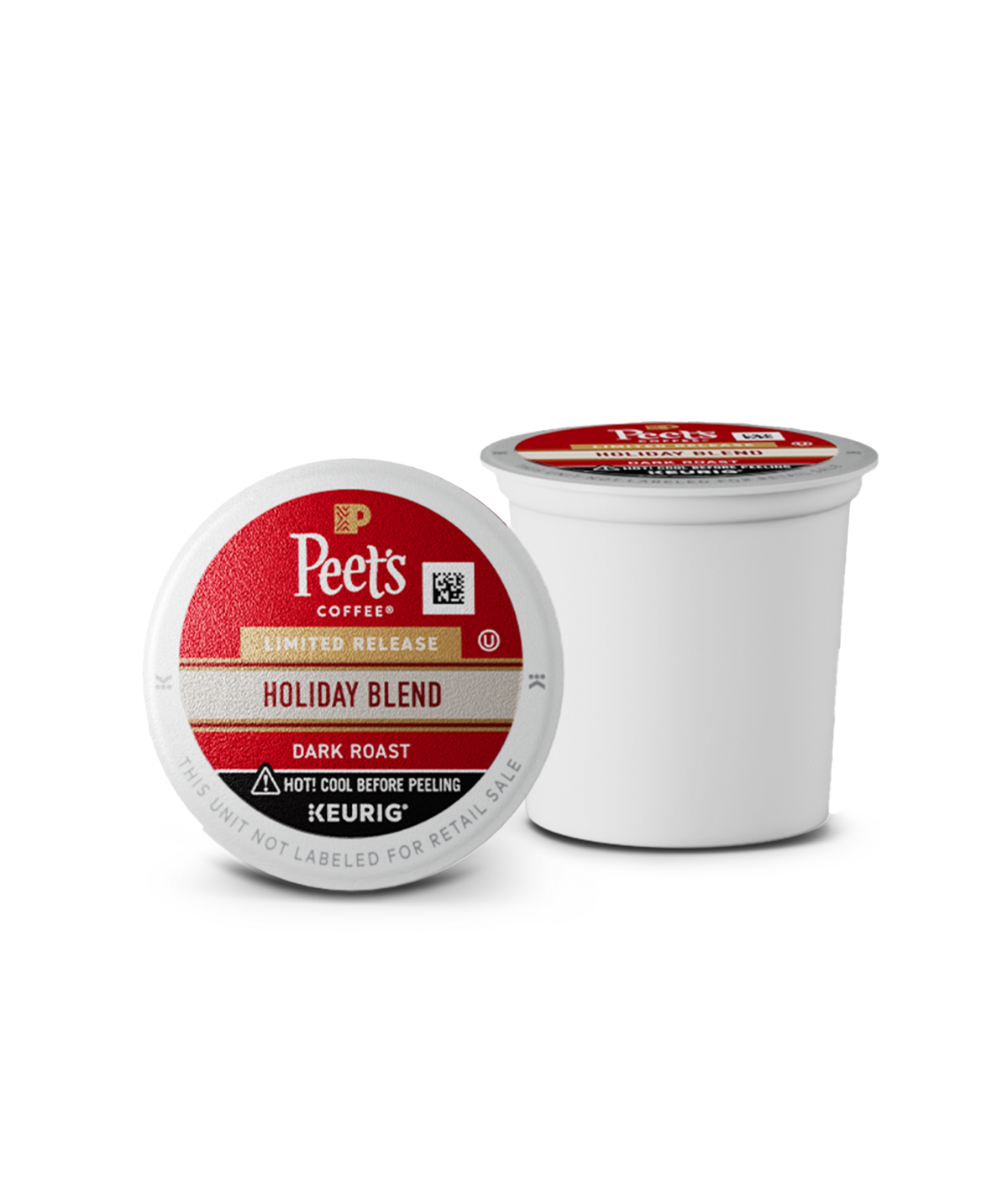 Two Peet's Coffee Holiday Blend K-Cups on a white background