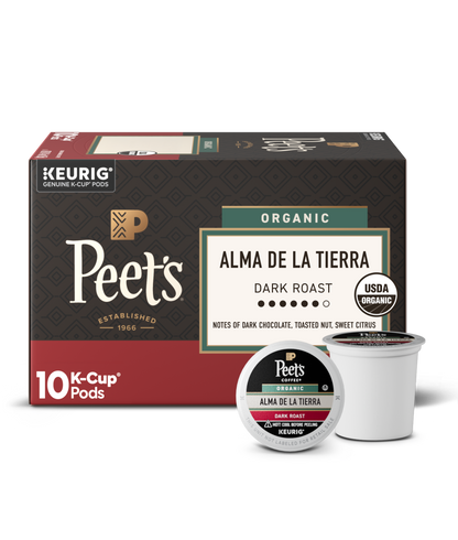 Box of Peet's Organic Alma de la Tierra K-Cup pods with a single pod on a white background.