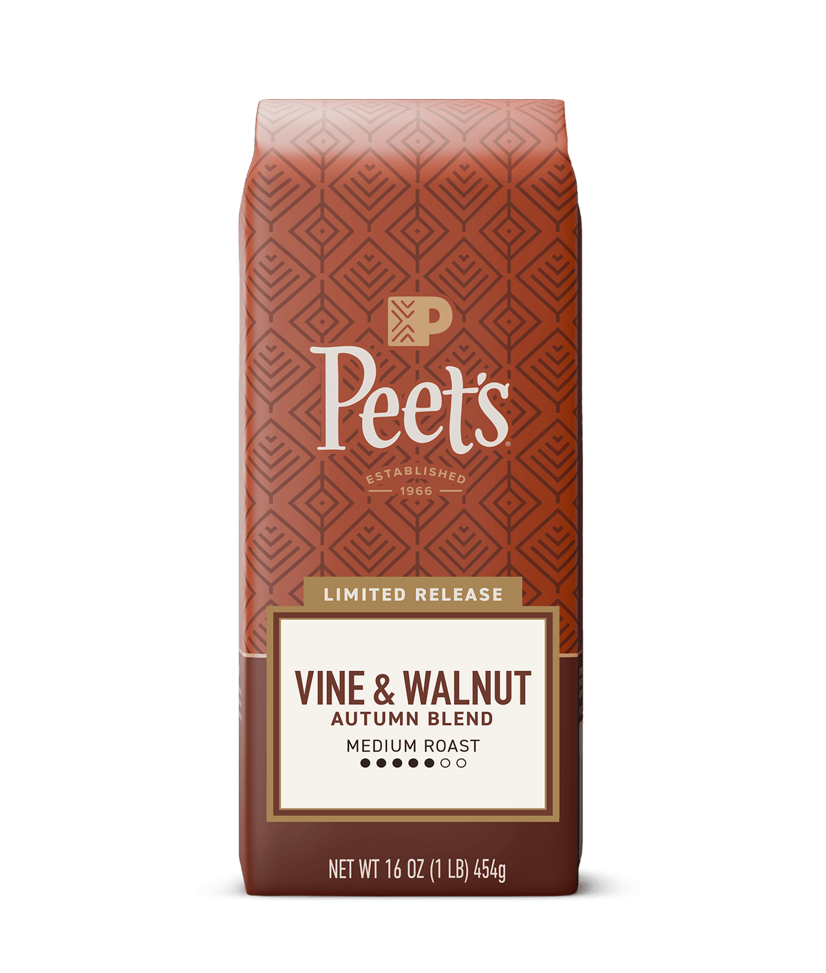 Peet's Vine & Walnut Autumn Blend coffee bag in a limited release medium roast, 16 oz. The packaging features a terracotta patterned background with a cream and brown label at the bottom, set against a solid dark green background.