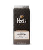 Peet's Ethiopia Shefina Highlands limited release dark roast coffee in a 16 oz bag, featuring a dark brown patterned design with gold and white text.