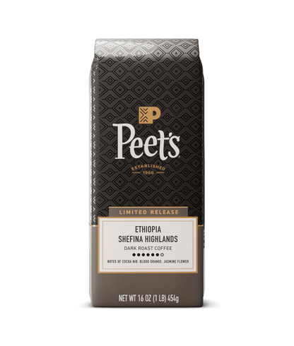 Peet's Ethiopia Shefina Highlands limited release dark roast coffee in a 16 oz bag, featuring a dark brown patterned design with gold and white text.