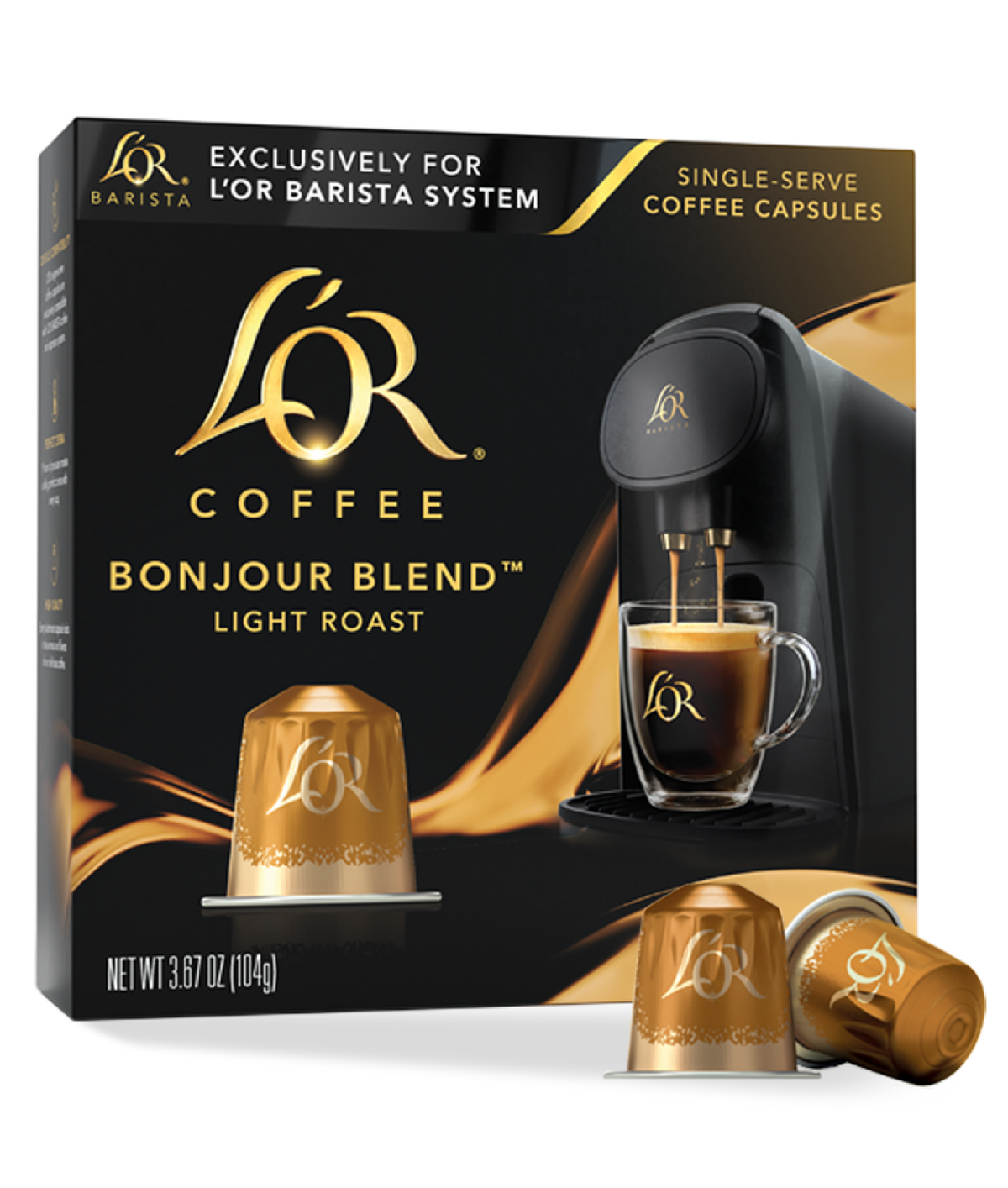 LöR Coffee Bonjour Blend packaging with coffee machine and capsules on a white background