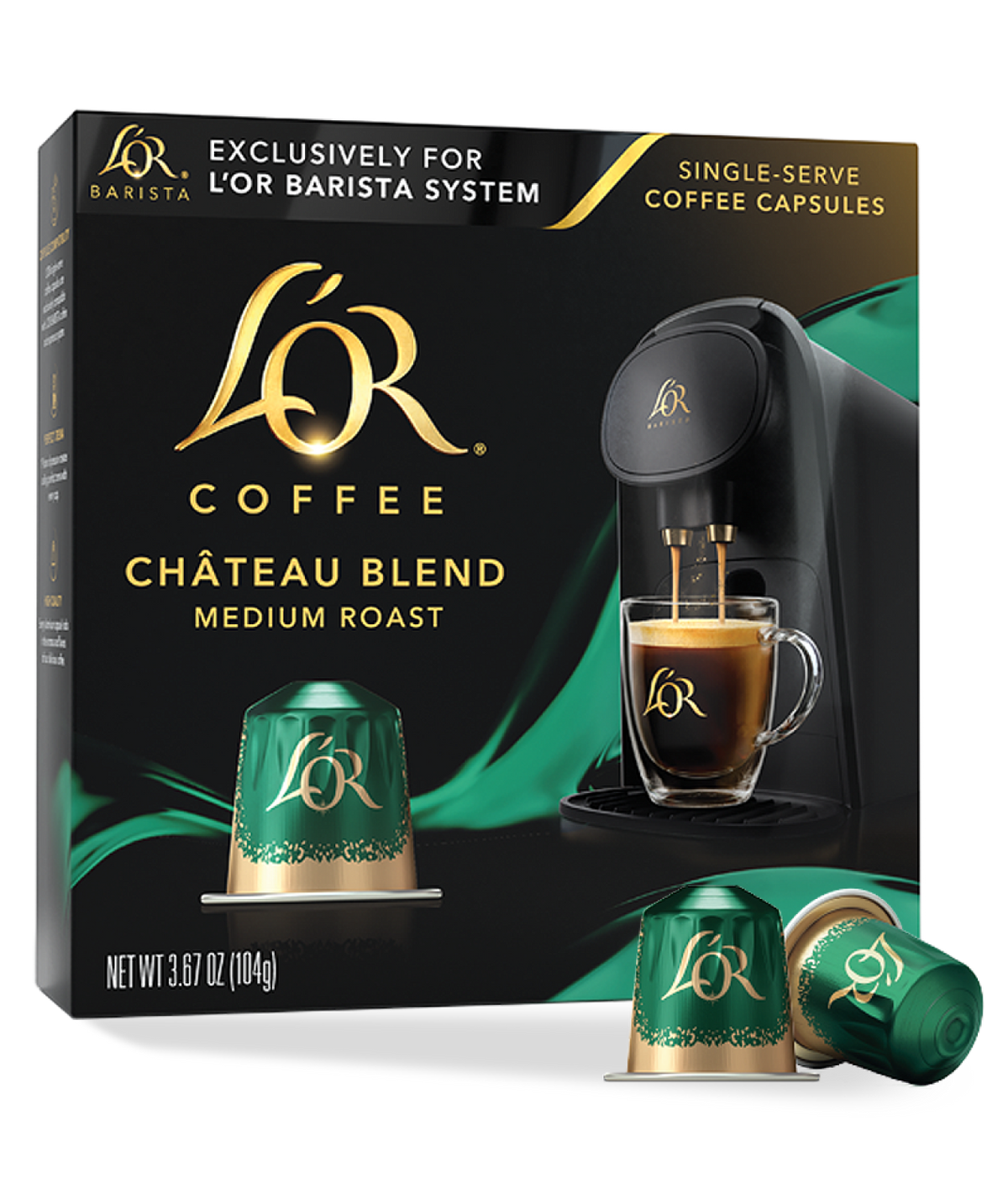 LöR Coffee Château Blend packaging with coffee capsule and coffee machine illustration.