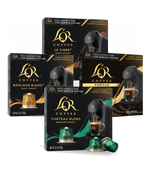 Four boxes of L'OR Coffee capsules with different blends on a white background