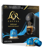LöR Coffee Decaf packaging with coffee machine and cup on a white background