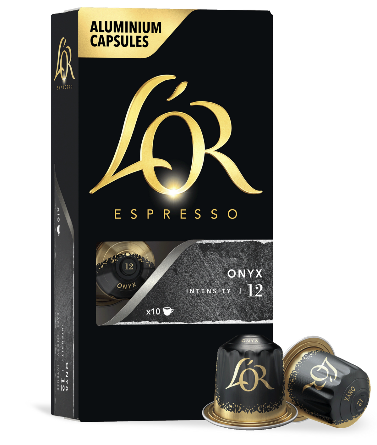LöR Espresso aluminium capsules packaging with two capsules on a white background