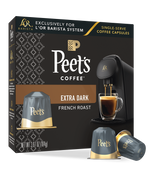 Peet's Coffee Extra Dark French Roast single-serve coffee capsules packaging with a coffee machine and cup on a white background.