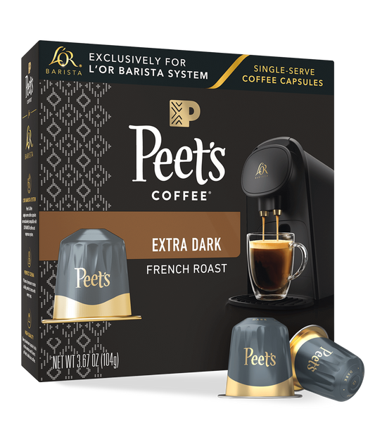 Peet's Coffee Extra Dark French Roast single-serve coffee capsules packaging with a coffee machine and cup on a white background.