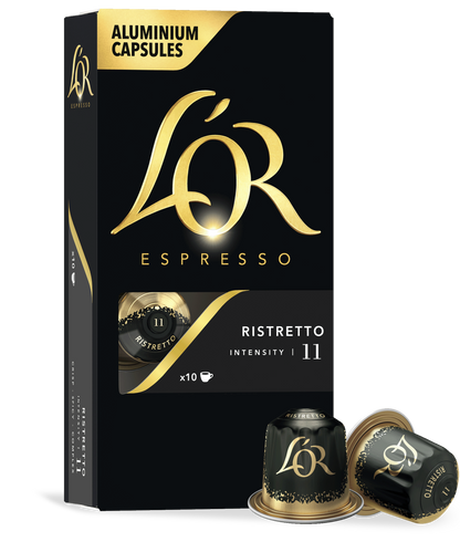 LöR Espresso aluminium capsules packaging with two capsules on a white background