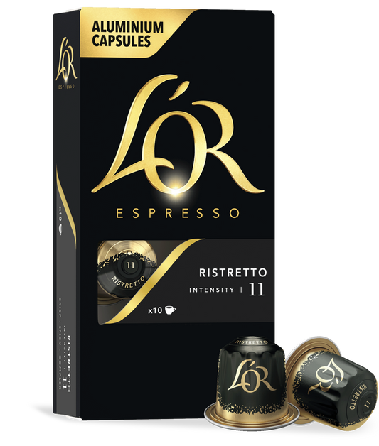LöR Espresso aluminium capsules packaging with two capsules on a white background