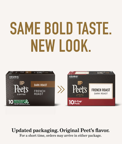 Two Peet's Coffee K-Cup packages with text about updated packaging and original flavor.
